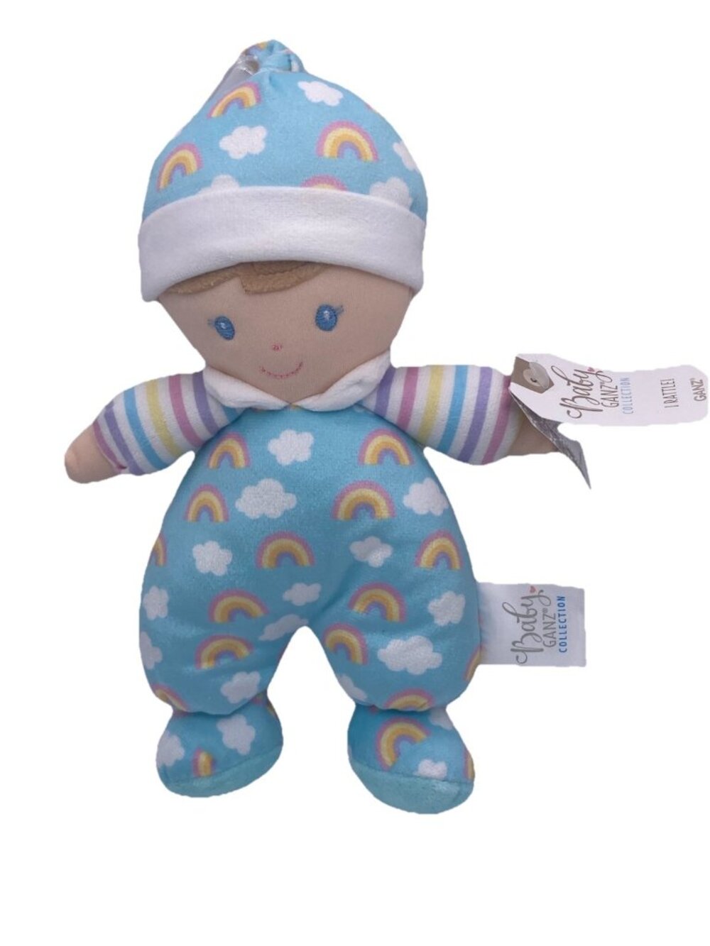 Baby Ganz NWT Rattle Plush Light Blue Rainbow Design 9.5”
